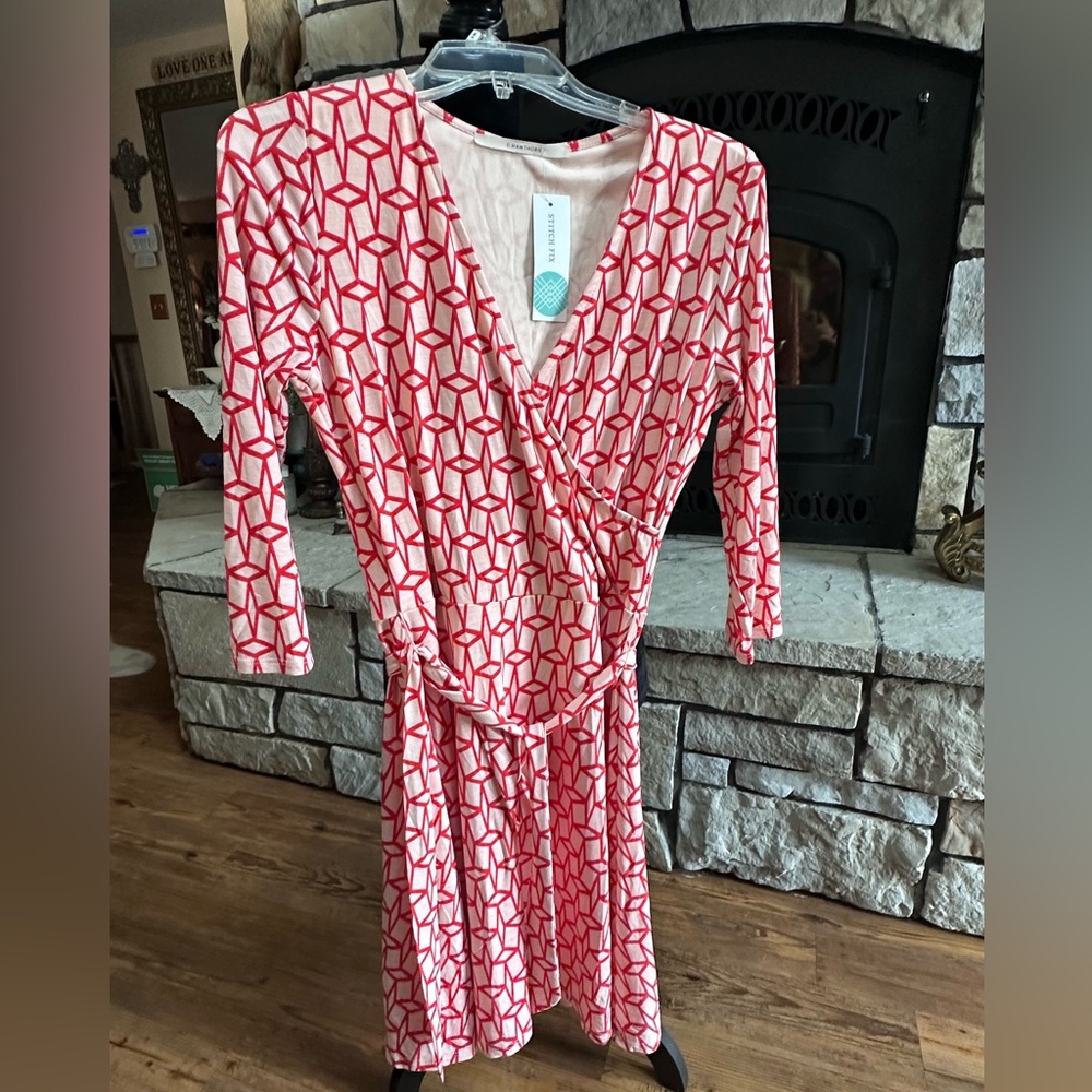 41 Hawthorn Coral Geometric Faux Wrap Dress